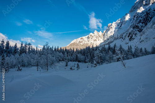 Fototapeta Naklejka Na Ścianę i Meble -  Ski mountaineering on mount Mangart, near the Slovenian border, Friuli-Venezia Giulia, Italy