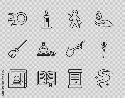 Set line Ancient magic book, Magic fog or smoke, Voodoo doll, Fireball, Witch cauldron and stone, Decree, paper, parchment, scroll and staff icon. Vector