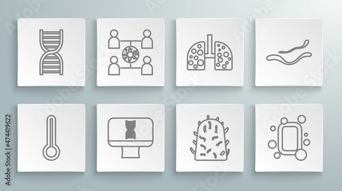 Set line Medical thermometer, Virus spread, DNA spiral and computer, Rabies virus, Bar of soap, cells in lung, Ebola disease and symbol icon. Vector