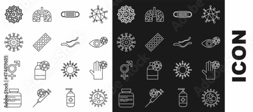 Set line Virus, Hand with virus, Reddish eye due to, Medical protective mask, Pills in blister pack, and Ebola disease icon. Vector