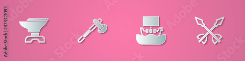 Set paper cut Anvil for blacksmithing, Wooden axe, Viking ship Drakkar and Medieval arrows icon. Paper art style. Vector