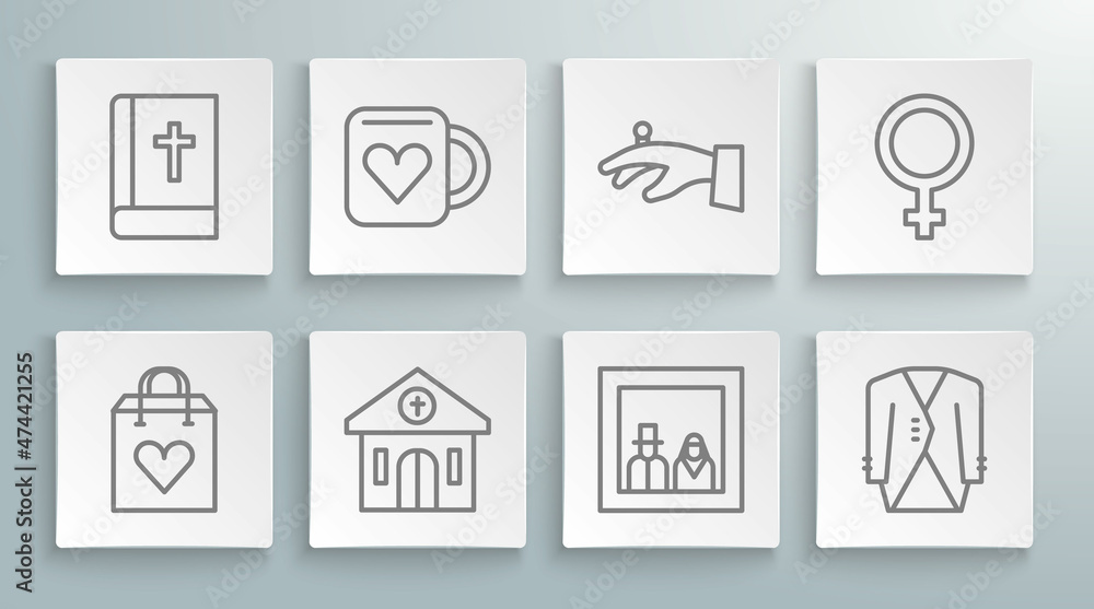 Set line Shopping bag with heart, Coffee cup and, Church building, Family photo, Suit, Wedding rings on hand, Female gender symbol and Holy bible book icon. Vector