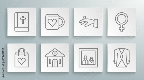 Set line Shopping bag with heart  Coffee cup and  Church building  Family photo  Suit  Wedding rings on hand  Female gender symbol and Holy bible book icon. Vector