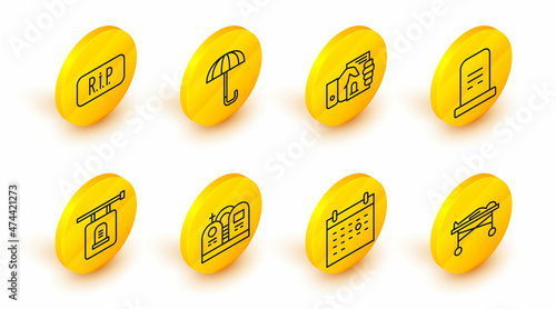 Set line Dead body in the morgue, Calendar death, Grave with tombstone, Signboard, Death certificate hand, Umbrella and Speech bubble rip icon. Vector