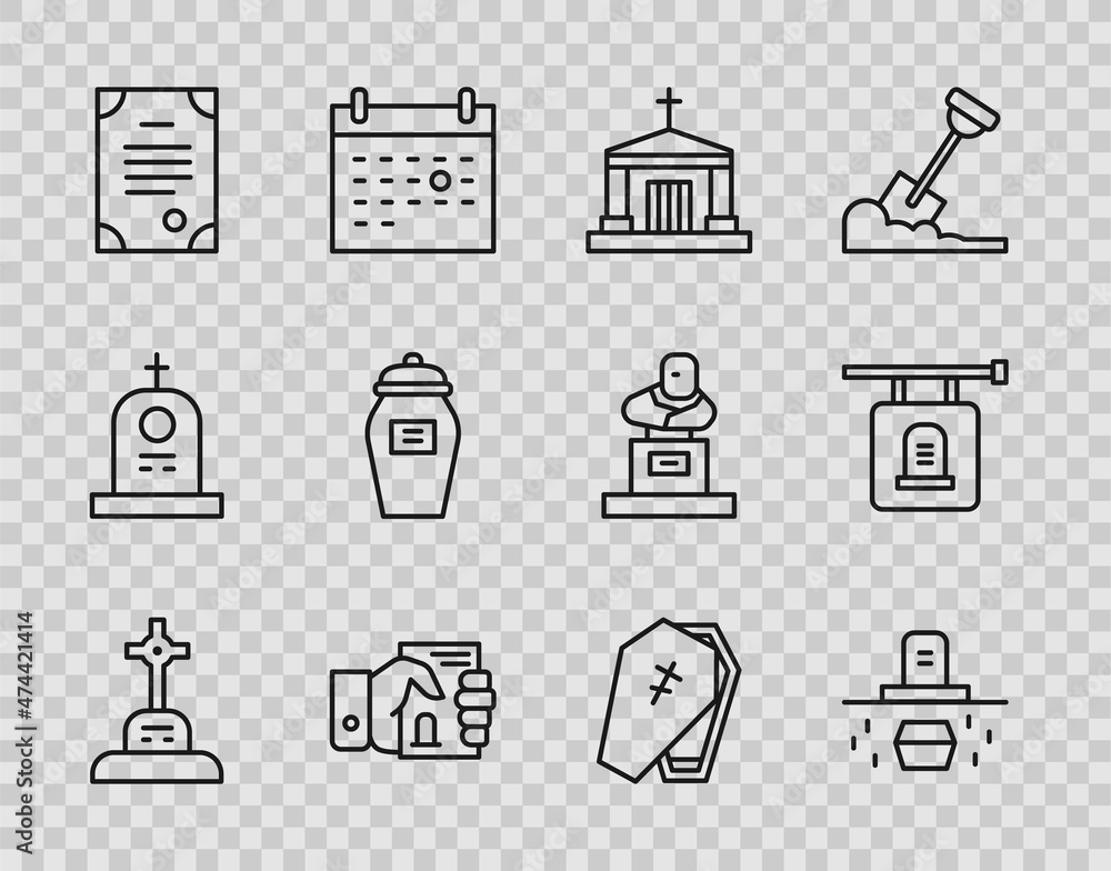 Set line Grave with cross, coffin, Old crypt, Death certificate hand, Funeral urn, Coffin and Signboard tombstone icon. Vector Set line Grave with cross, coffin, Old crypt, Death certificate hand, Funeral urn, Coffin and Signboard tombstone icon. Vector
