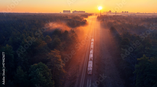A freight train travels through a foggy forest. photo