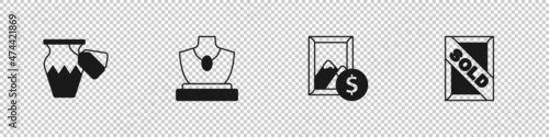 Set Auction ancient vase, jewelry sale, painting and sold icon. Vector
