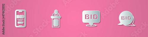 Set paper cut Online auction, Auction auctioneer sells, Bid and icon. Paper art style. Vector