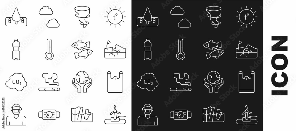 Set line Wind turbine, Plastic bag, Earthquake, Tornado, Meteorology thermometer, Bottle of water, Deforestation and Dead fish icon. Vector Set line Wind turbine, Plastic bag, Earthquake, Tornado, Meteorology thermometer, Bottle of water, Deforestation and Dead fish icon. Vector