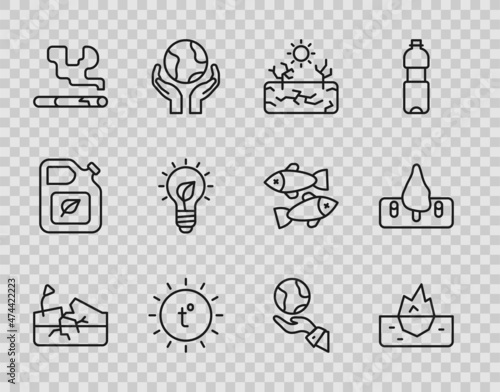 Set line Earthquake  Iceberg  Drought  Sun  Cigarette  Light bulb with leaf  Hands holding globe and Deforestation icon. Vector