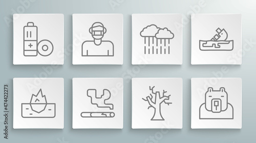 Set line Iceberg, Face in protective mask, Cigarette, Withered tree, Polar bear head, Cloud with rain, Wrecked oil tanker ship and Battery icon. Vector