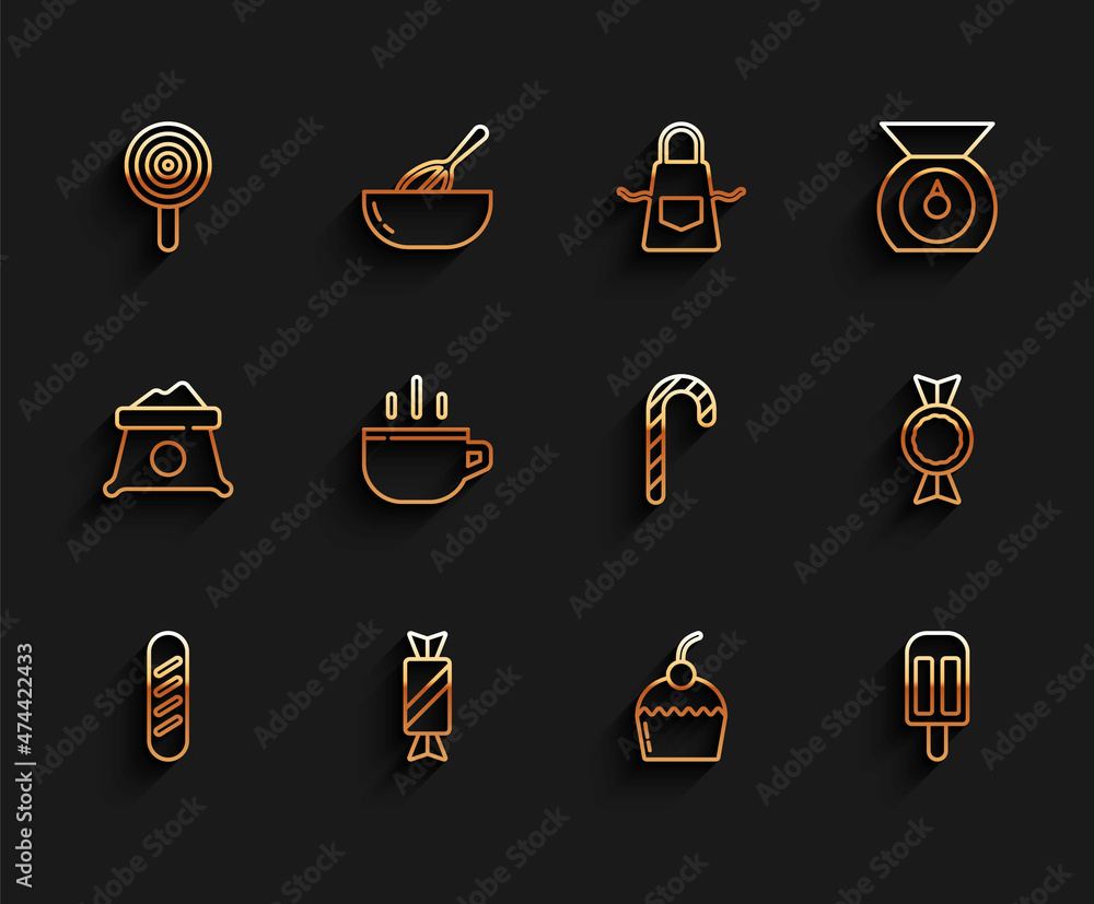 Set line French baguette bread, Candy, Lollipop, Cake, Ice cream, Coffee cup, and Christmas candy cane icon. Vector