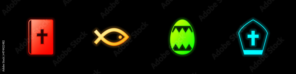 Set Holy bible book, Christian fish symbol, Easter egg and Pope hat icon. Vector Set Holy bible book, Christian fish symbol, Easter egg and Pope hat icon. Vector