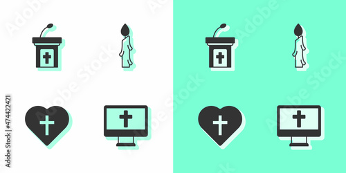 Set Christian cross on monitor, Church sermon tribune, in heart and Burning candle icon. Vector