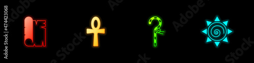 Set Papyrus scroll, Cross ankh, Crook and Sun icon. Vector