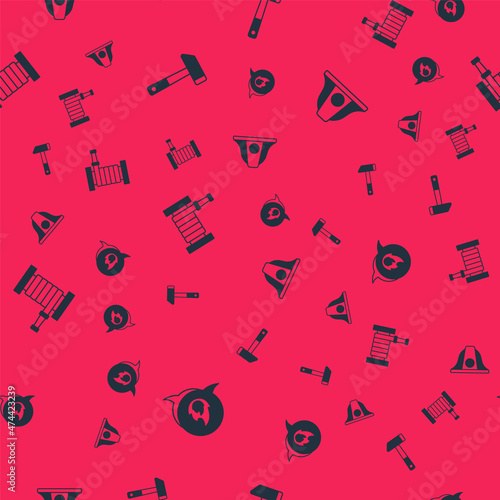 Set Emergency call, Hammer, Fire hose reel and Firefighter helmet on seamless pattern. Vector