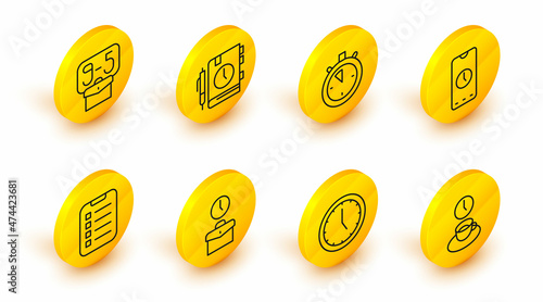 Set line Coffee time, Clock, Work, To do list planning, Alarm clock app mobile, Stopwatch, Daily paper notepad and From 9 icon. Vector