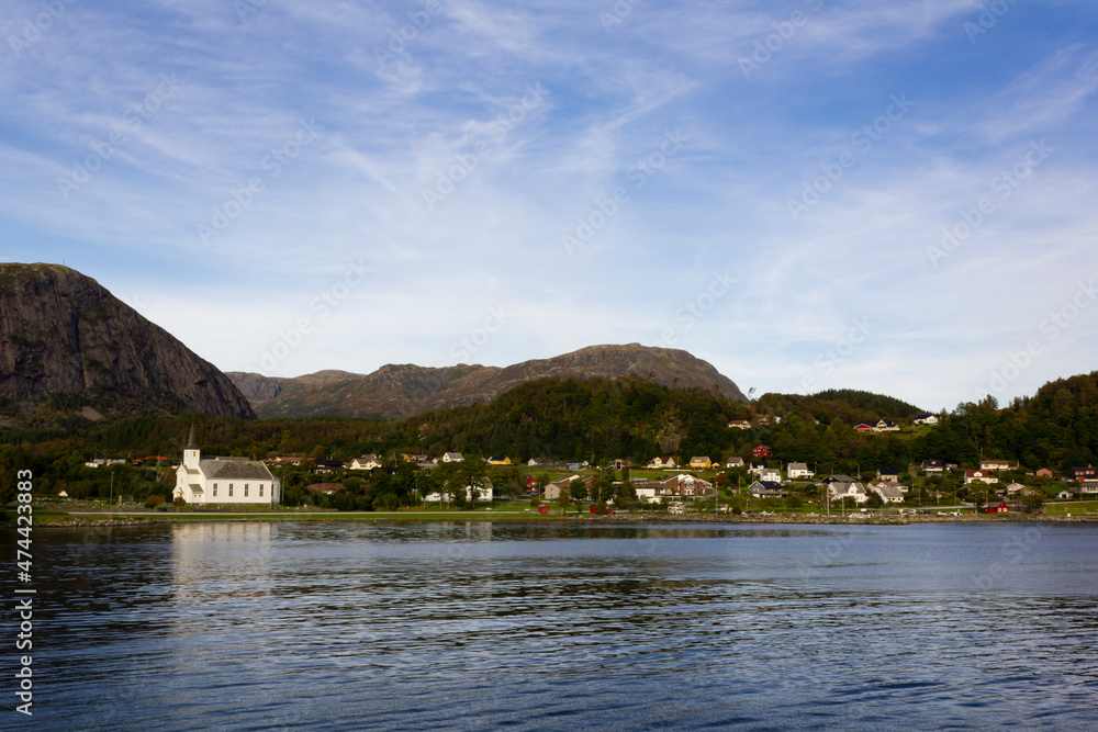 Village in the hills facing the sea in Norway
