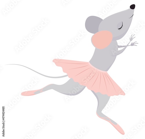  Cute mouse ballerina in pink tutu. Vector illustration of small dancing rat isolated on white.