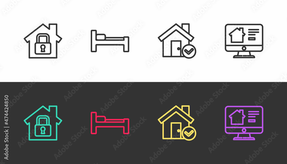 Set line House under protection, Bed, with check mark and Online real estate house on black and white. Vector Set line House under protection, Bed, with check mark and Online real estate house on black and white. Vector