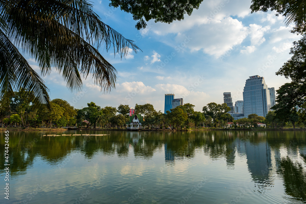 Lumpini park in Bangkok and the skyline of downtown Bangkok central area.  Lumphini park is a popular park public space for local residents and tourists.