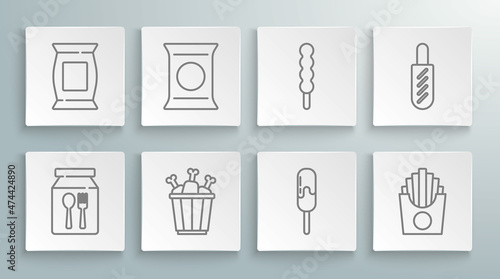 Set line Online ordering and delivery, Bag packet potato chips, Chicken leg package box, Ice cream, Potatoes french fries, Lollipop, Hotdog sandwich and icon. Vector
