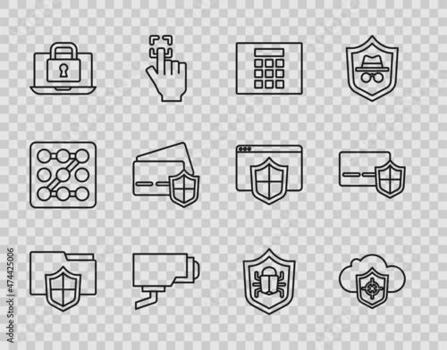 Set line Document folder protection, Cloud and shield, Password, Security camera, Laptop lock, Credit card with, System bug and icon. Vector