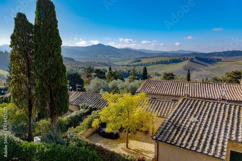 Panorama of the countryside and the town of Montegemoli near Pomarance Alta val di Cecina Tuscany Italy photo