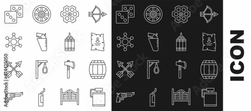 Set line Canteen water bottle, Gun powder barrel, Wanted western poster, Revolver cylinder, gun holster, Hexagram sheriff, Game dice and Dynamite bomb icon. Vector