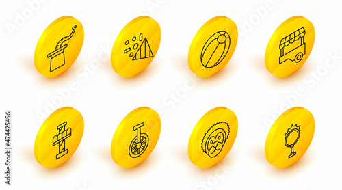 Set line Circus fire hoop, Wild lion, Unicycle or one wheel bicycle, Attraction carousel, Fast street food cart, Beach ball, Festive confetti and Magician hat icon. Vector