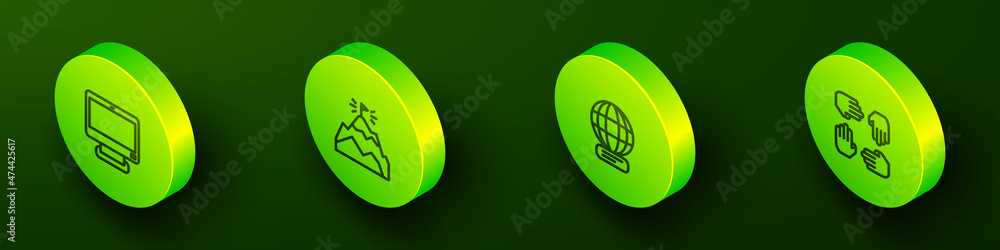 Set Isometric line Computer monitor, Mountains with flag, Worldwide and Project team base icon. Vector Set Isometric line Computer monitor, Mountains with flag, Worldwide and Project team base icon. Vector