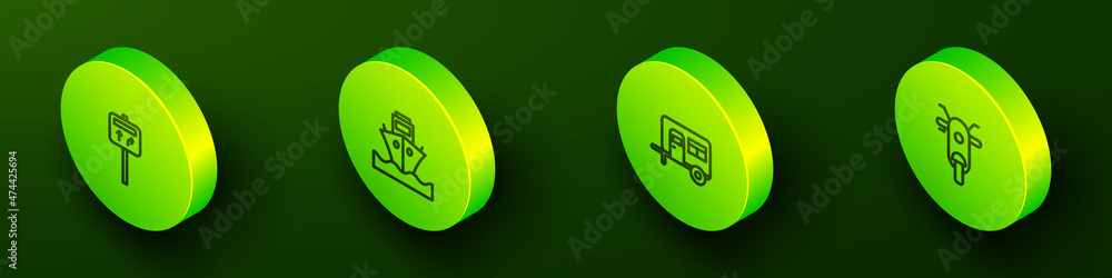 Set Isometric line Road traffic signpost, Cargo ship, Rv Camping trailer and Scooter icon. Vector Set Isometric line Road traffic signpost, Cargo ship, Rv Camping trailer and Scooter icon. Vector