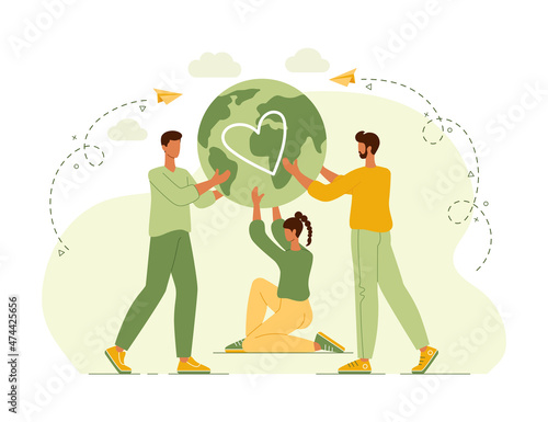 People characters trying to save planet earth. Group of environmentalists. Flat vector illustration world environmental day, nature protection, nature saving concept. Eco friendly lifestyle
