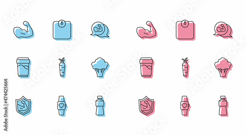 Set line Bodybuilder muscle, Smart watch, Bottle of water, Carrot, Broccoli, Glass with and Bathroom scales icon. Vector