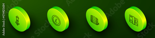 Set Isometric line Vintage street light, Coin money with pound, Wooden barrel and Pound sterling icon. Vector