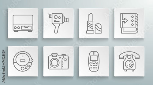 Set line Music CD player, Retro cinema camera, Photo, Old mobile phone, Telephone handset, Lipstick, Sound mixer controller and video cassette icon. Vector