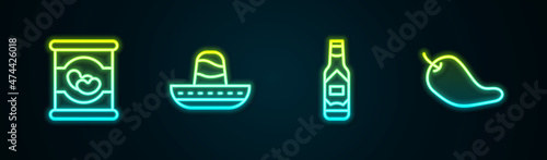 Set line Beans in can, Mexican sombrero, Tabasco sauce and Hot chili pepper pod. Glowing neon icon. Vector