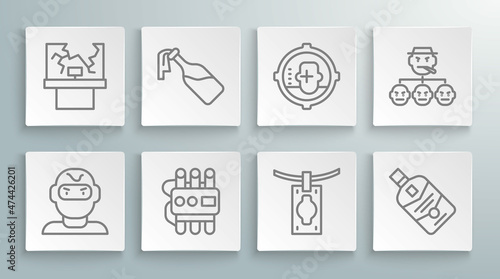Set line Thief mask, Cocktail molotov, Dynamite and timer clock, Money laundering, Whiskey bottle, Headshot, Mafia and Broken window icon. Vector