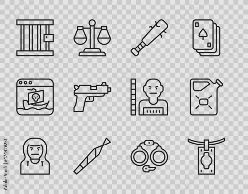 Set line Thief mask, Money laundering, Baseball bat with nails, Marijuana joint, Prison window, Pistol or gun, Handcuffs and Canister fuel icon. Vector