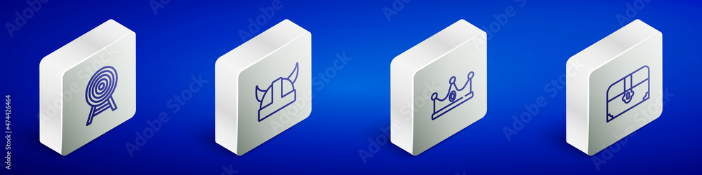 Set Isometric line Target with arrow, Viking in horned helmet, King crown and Antique treasure chest icon. Vector Set Isometric line Target with arrow, Viking in horned helmet, King crown and Antique treasure chest icon. Vector