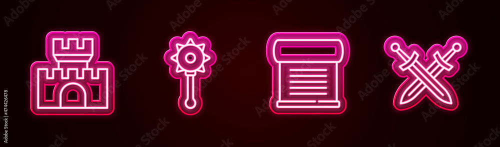 Set line Castle, fortress, Medieval chained mace ball, Decree, parchment, scroll and Crossed medieval sword. Glowing neon icon. Vector Set line Castle, fortress, Medieval chained mace ball, Decree, parchment, scroll and Crossed medieval sword. Glowing neon icon. Vector