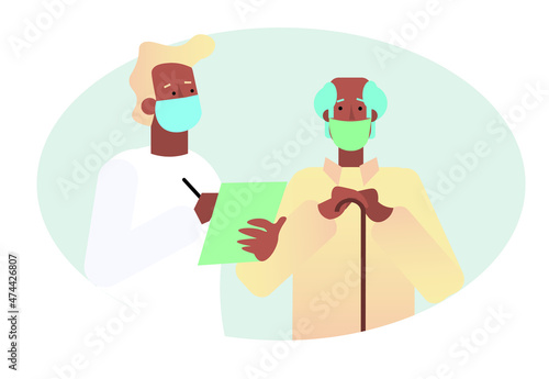 Doctor Consulting Senior Male Patient with Face Masks. holding a clipboard, while talking to an elderly male patient also wearing a face mask and holding a cane