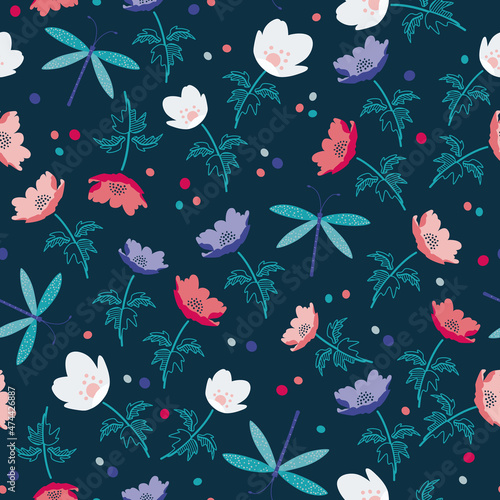 Anemone Flowers and Dragonflies on dark background