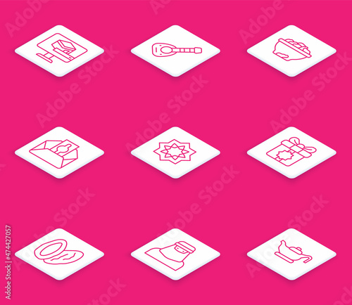 Set line Kaaba mosque, Lute, Date fruit in bowl, Donate or pay your zakat, Octagonal star, Gift box, and Muslim woman niqab icon. Vector