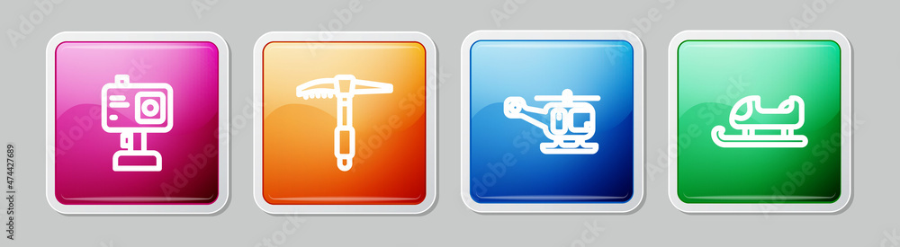 Set line Action camera, Ice axe, Rescue helicopter and Sled. Colorful square button. Vector Set line Action camera, Ice axe, Rescue helicopter and Sled. Colorful square button. Vector