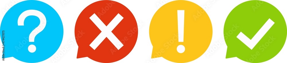 Set of round marks, cross, exclamation and question point, checkmark icons, buttons on white background.
Set of round marks, cross, exclamation and question point, checkmark icons, buttons on white background.