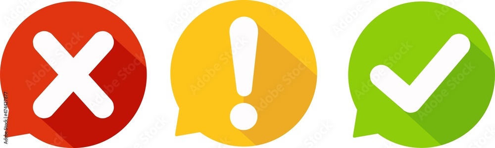 Set of round marks, cross, exclamation point, checkmark icons, buttons on white background.
Set of round marks, cross, exclamation point, checkmark icons, buttons on white background.