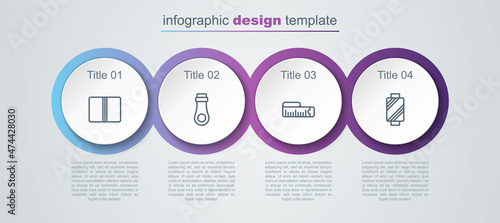 Set line Textile fabric roll, Zipper, Tape measure and Sewing thread on spool. Business infographic template. Vector