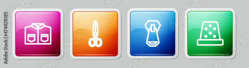 Set line Shirt, Scissors, Zipper and Thimble for sewing. Colorful square button. Vector