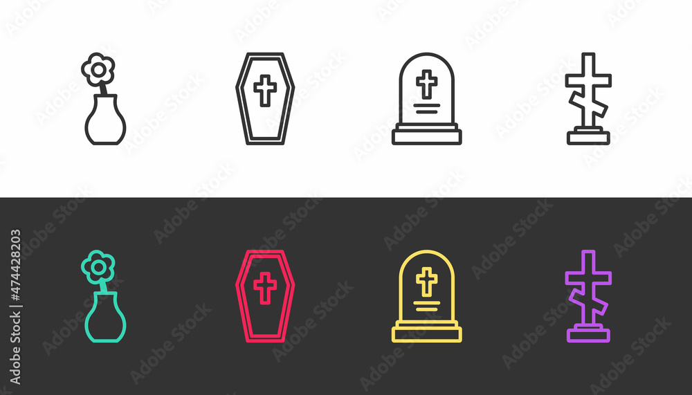 Set line Flower in vase, Coffin with cross, Grave tombstone and on black and white. Vector Set line Flower in vase, Coffin with cross, Grave tombstone and on black and white. Vector